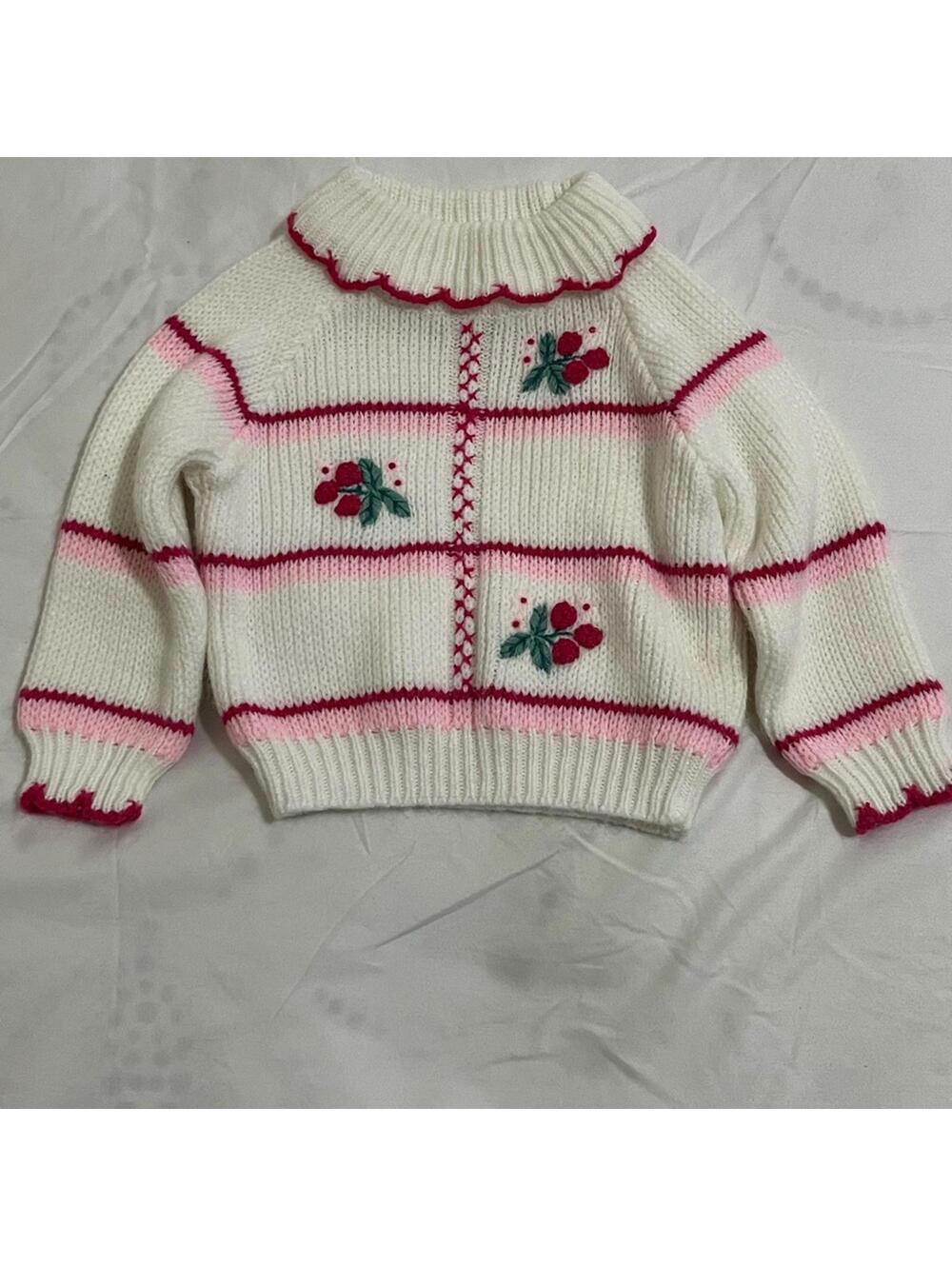 Vintage Floral Embroidered Sweater - White and Pink Girls Size 12 Months